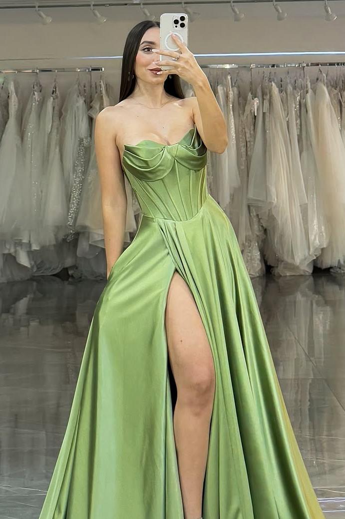 Charming Red Satin Sleeveless Strapless Long Pleated Prom Dress with Split