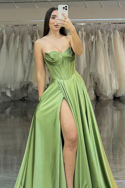 Charming Red Satin Sleeveless Strapless Long Pleated Prom Dress with Split