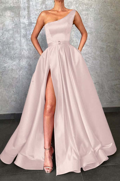Glamorous One Shoulder Red Prom Dress Slit With Pockets