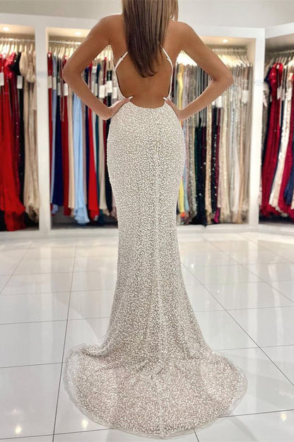Sequins Mermaid Strapless Spaghetti-Straps Prom Dress With Open Back