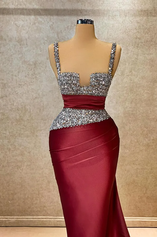 Red Sleeveless Spaghetti Straps Keyhole Square Beads Mermaid Prom Dress
