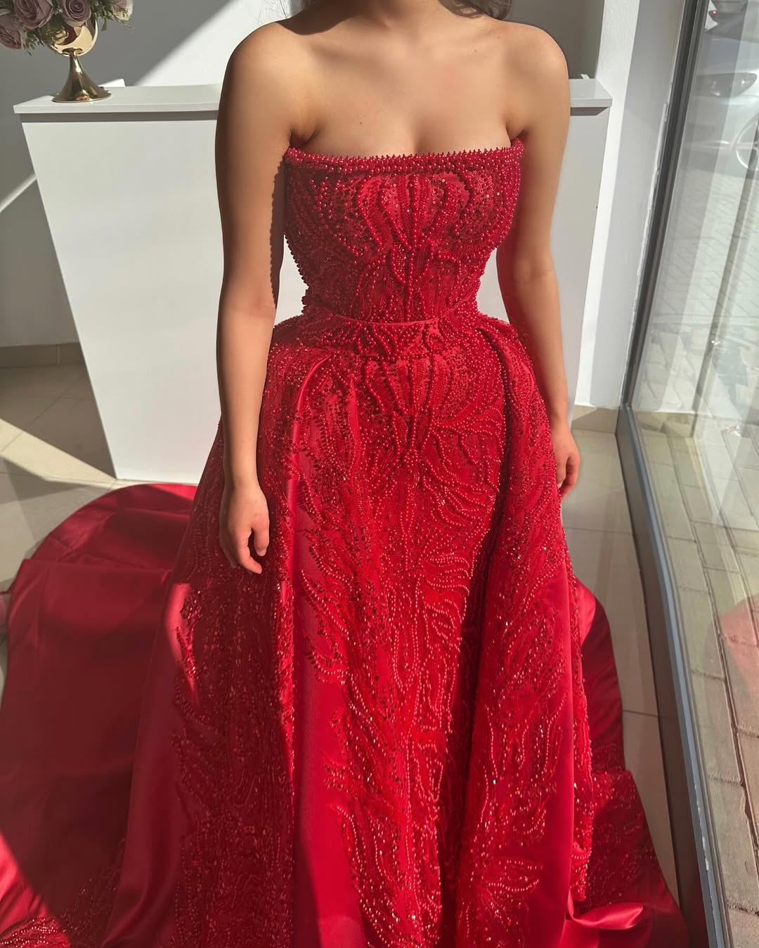 Red Sleeveless Strapless A-Line Mermaid Prom Dress With Beads