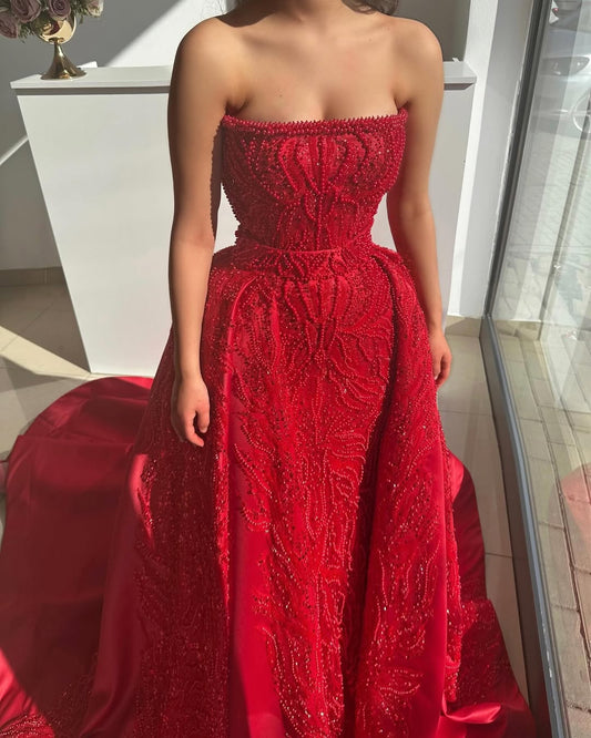 Red Sleeveless Strapless A-Line Mermaid Prom Dress With Beads