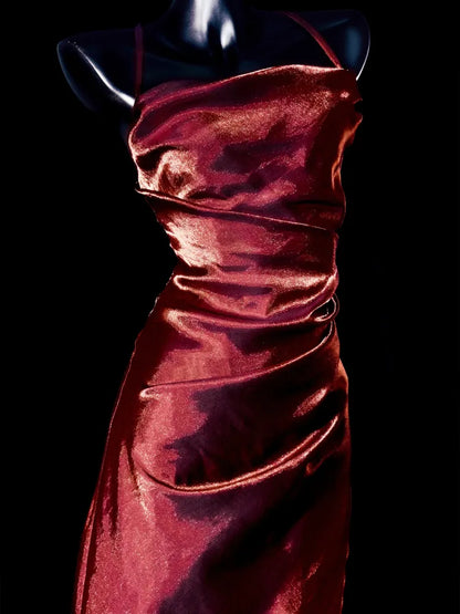 Charming Mermaid Spaghetti Strap Burgundy Satin Prom Dress Evening Dress SH2184