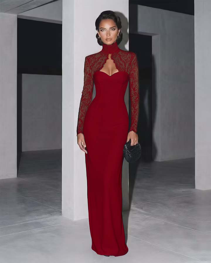 Classic Black High Neck Lace Long Sleeves Maxi Evening Dress
