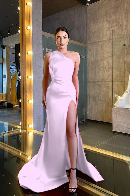 One Shoulder Sleeveless Mermaid Prom Dress Red With Slit