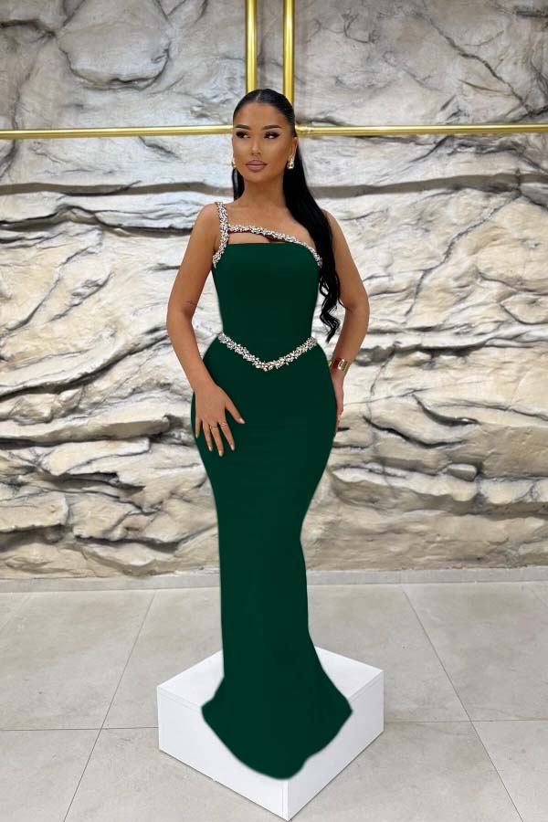 Red Beaded Mermaid One-Shoulder Prom Dress