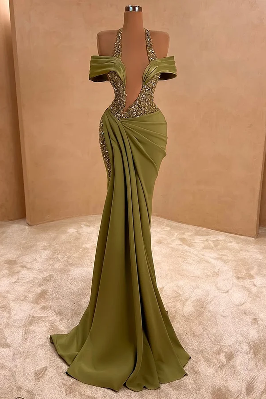 Green Off-Shoulders Sleeveless Halter Beads Mermaid Prom Dress