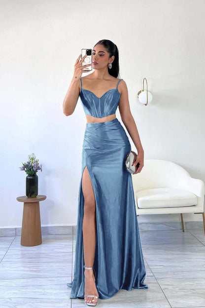 Simple Dark Green Satin Spaghetti Strap Sleeveless Long Prom Dress with Split