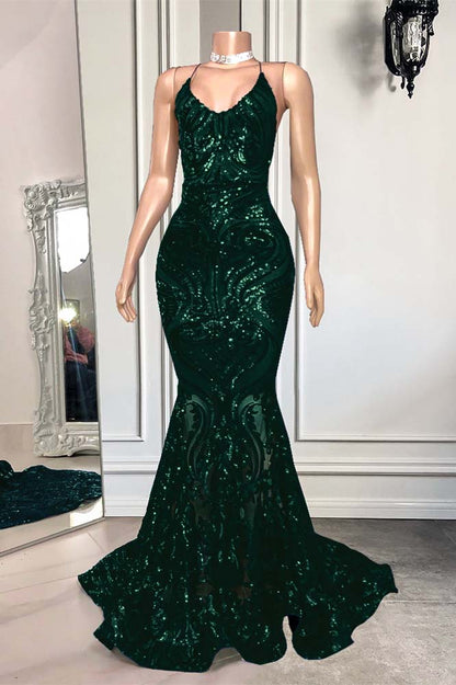 Mermaid Spaghetti-Straps Royal Blue Long Prom Dress With Sequins