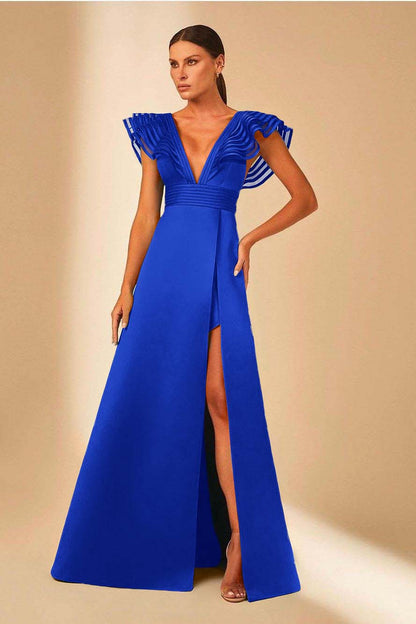 Charming Satin Spaghetti Strap Sleeveless V Neck Long Prom Dress with Split