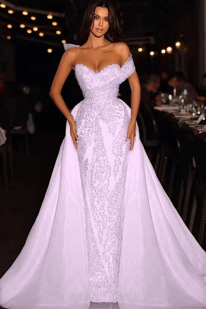 Baby Blue Embroidery Sleeveless Strapless One-Shoulder Mermaid Beads Prom Dress