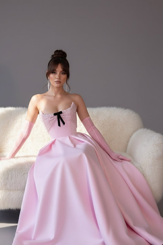 Exquisite Sleeveless Strapless Square Sequins A Line Prom Dress With Long Gloves
