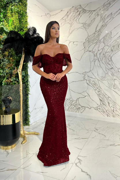Elegant Dark Green Sweetheart  Off-The-Shoulder Prom Dress With Applique Sequins