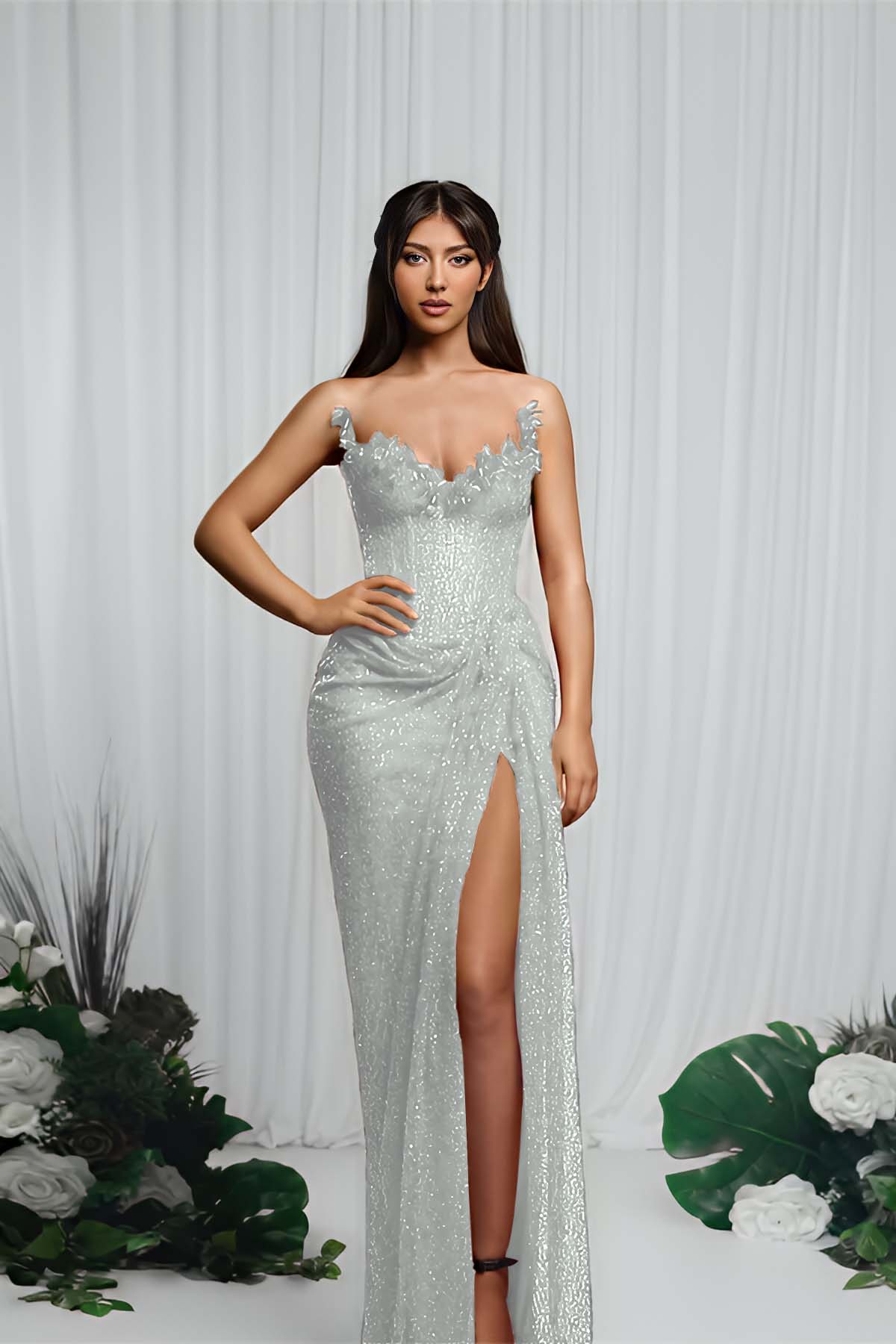 Red Sleeveless Strapless V-Neck Prom Dress With Sequins