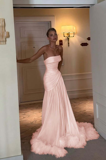 Sleeveless Strapless Square Prom Dress With Feather