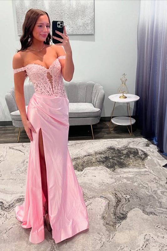 Pink Off-the-Shoulder Long Mermaid Prom Dress Slit