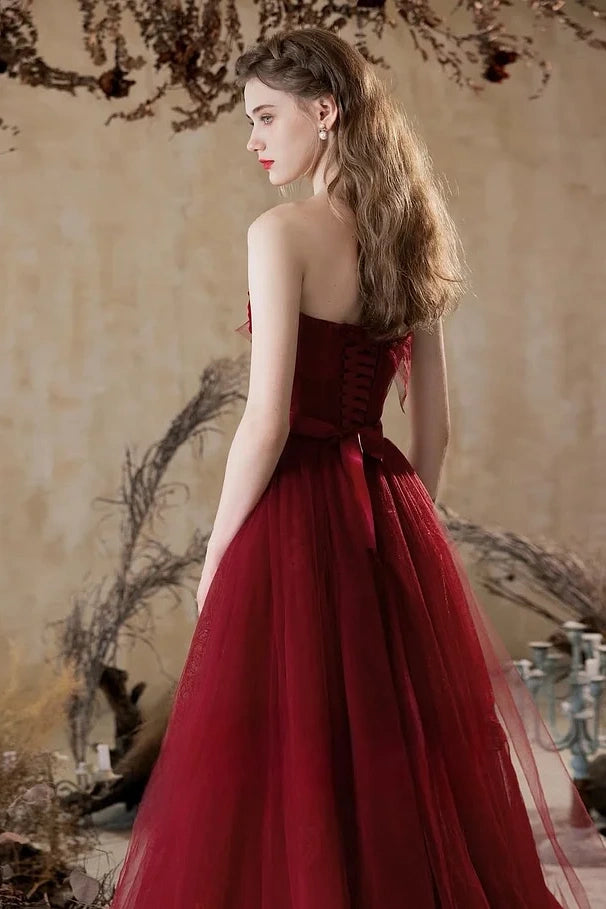 Red Sleeveless Strapless Square Bow-Tie A-Line Prom Dress