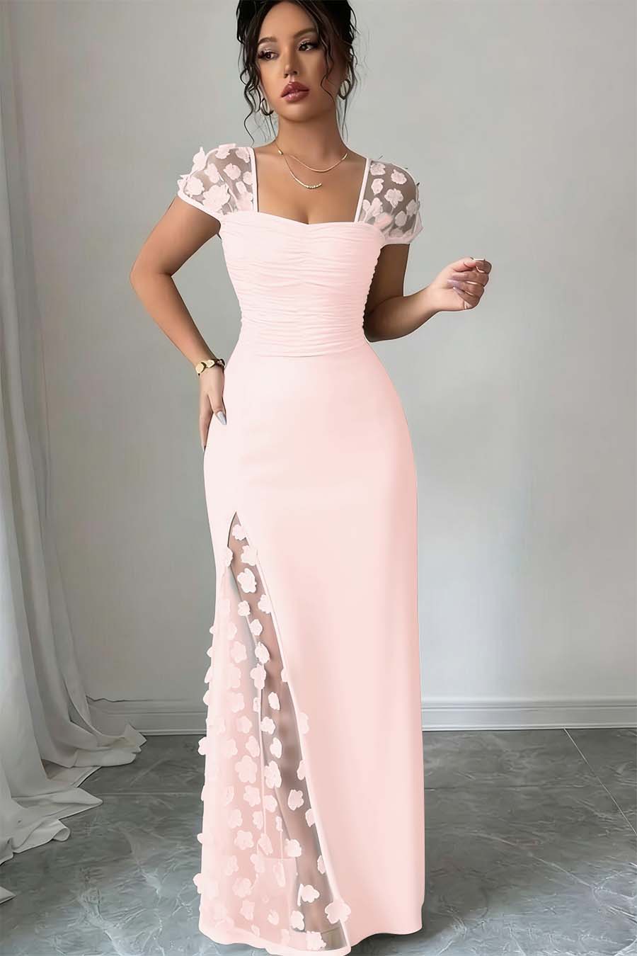 Glamorous Black Satin Applique Square Neck Pleated Prom Dress with Split
