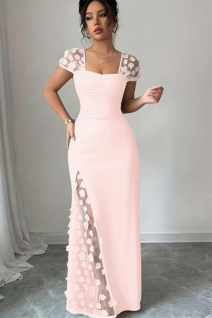 Glamorous Black Satin Applique Square Neck Pleated Prom Dress with Split