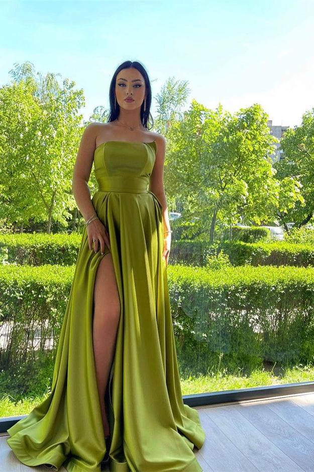 Elegant Strapless A-Line Prom Dress Green With Slit
