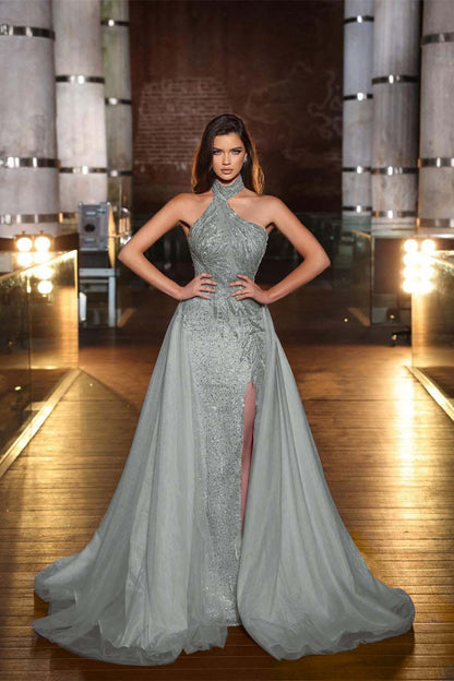 Purple Halter Mermaid Prom Dress Tulle Ruffles With Slit Appliques