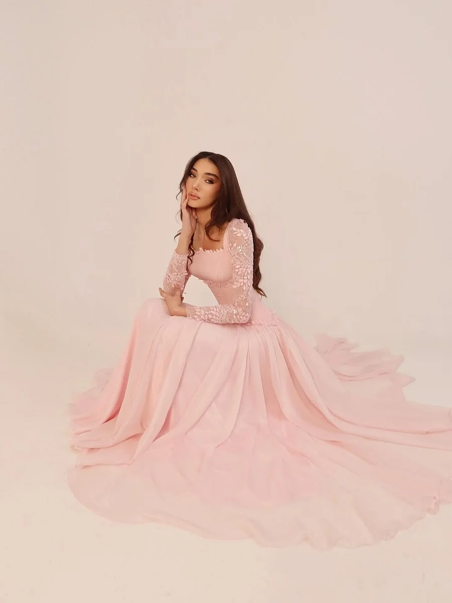 Glamorous Candy Pink Chiffon Long Sleeves Long Evening Dress With Sequins