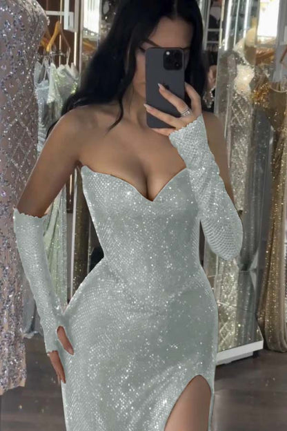 Burgundy Sleeveless Strapless Sequins Mermaid Prom Dress With Gloves