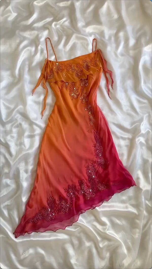Orange Gradient Exquisite Beaded Spaghetti Strap Midi Chiffon Slim Ball Gown Evening Dress Party Dress Prom Dress SH3531
