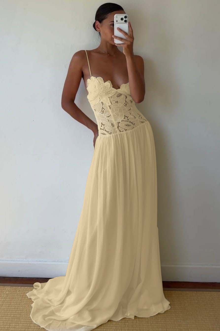 Lace And Chiffon V-Neck Spaghetti Straps Long A-Line Evening Dress With Pleated