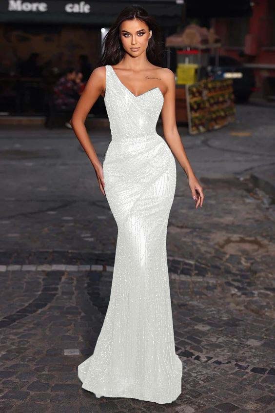 Green One Shoulder Sleeveless Mermaid Princess Prom Dress With Sequins