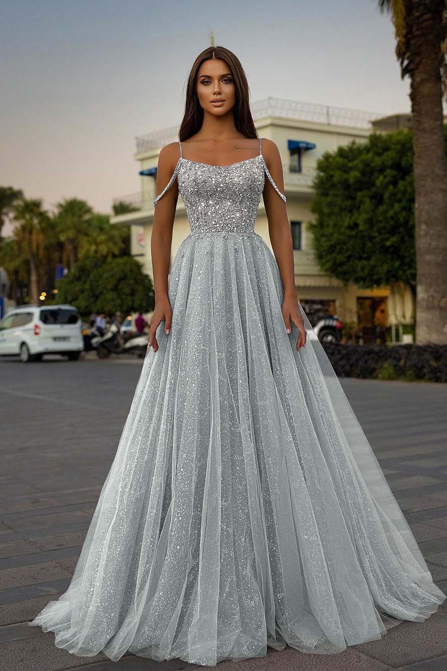 Tulle A-Line Long Spaghetti-Straps Prom Dress With Sequins Beads