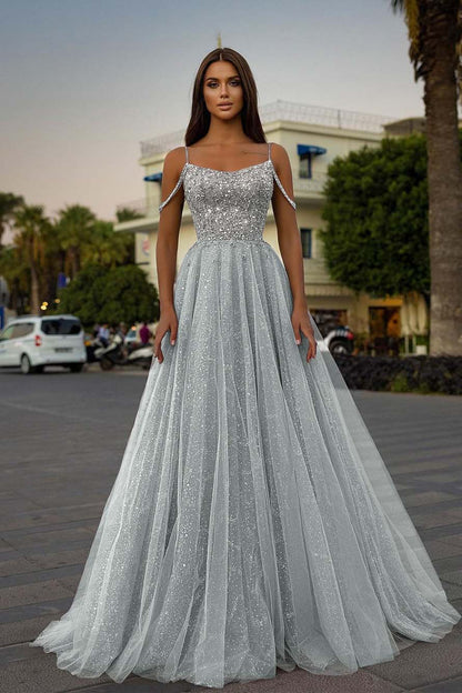 Tulle A-Line Long Spaghetti-Straps Prom Dress With Sequins Beads