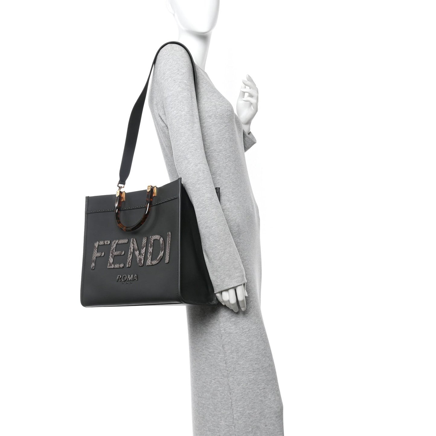 Vitello King Plexiglass Elaphe Snakeskin Print Logo Medium Fendi Sunshine Shopper Tote Dark Asphalt