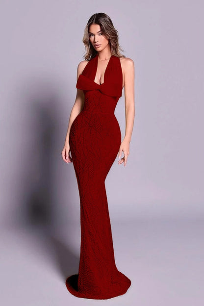 Chic Sleeveless Halter Straps Long Mermaid Evening Dress With Embroidery
