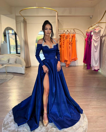 Royal Blue Long Sleeves Halter Straps A-Line Beads Prom Dress
