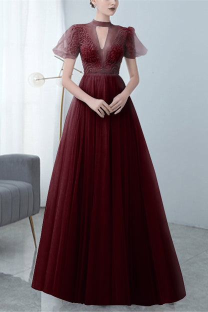 Grey Long Evening Dress Bowknot Tulle With High Collar Appliques