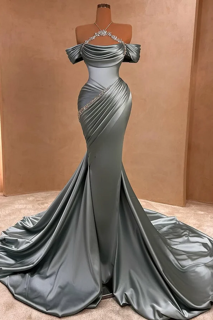 Off-Shoulders Sleeveless Halter Straps Beads Mermaid Prom Dress