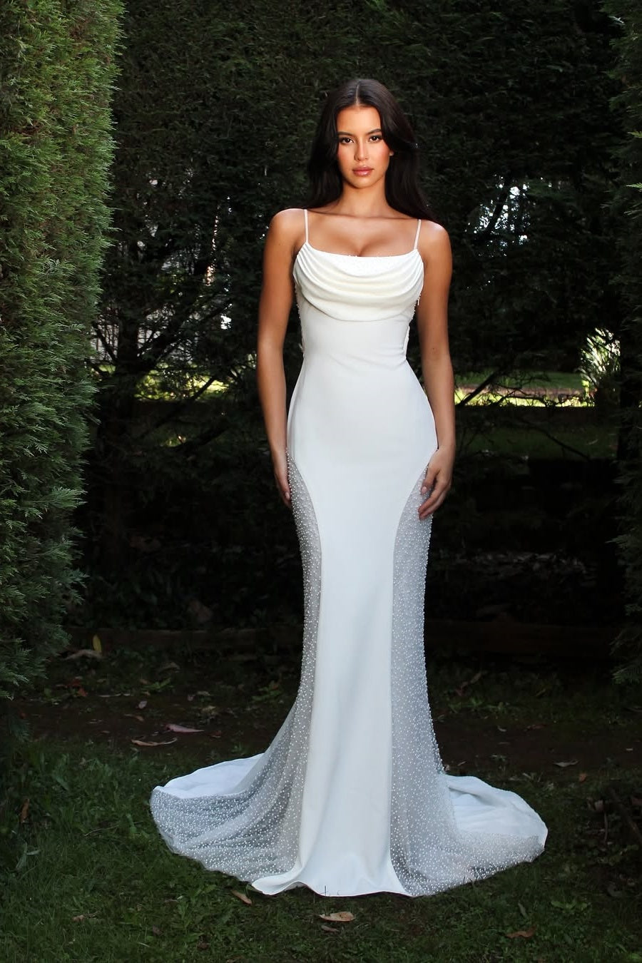 White Sleeveless Spaghetti Straps Square Mermaid Prom Dress With Beads