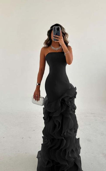 Amazing Dusty Blue Satin Sleeveless Strapless Long Prom Dress with Ruffles