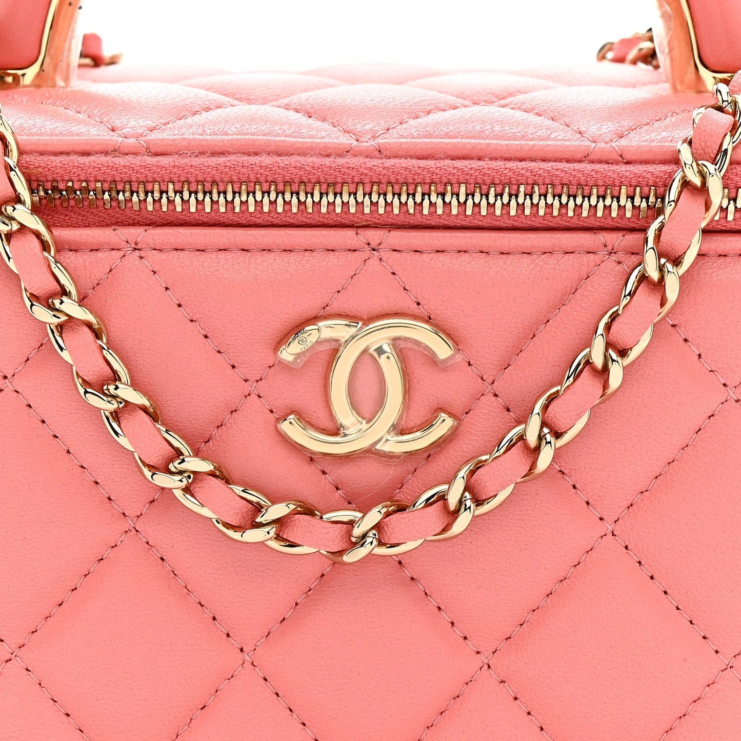 Lambskin Quilted Small Charming Top Handle Vanity Case With Chain Pink