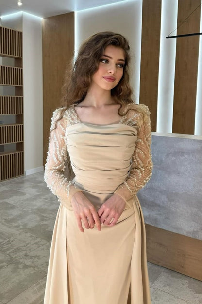 Gentle Beaded Long Sleeves Prom Dress With Detachable Trail