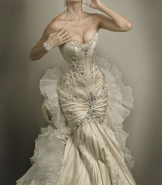 Exquisite Mermaid Sweetheart Neck Beaded Tulle Satin Long Prom Dress Wedding Dress SH3551