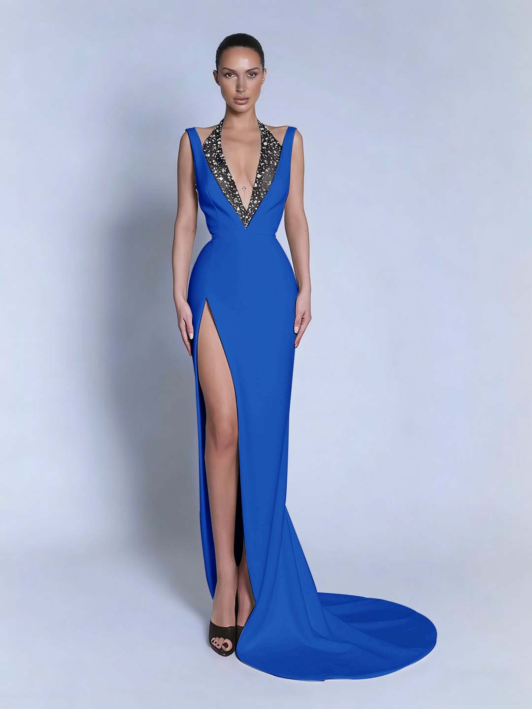 Black Sleeveless Slit Halter Straps Prom Dress With Beads