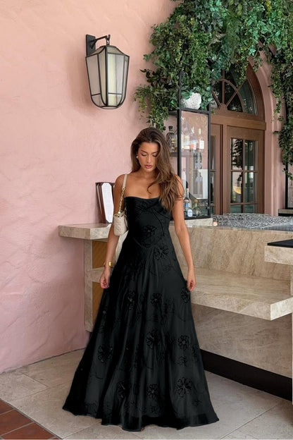 Spaghetti Strap Sleeveless Long Evening Dress With Pleated Appliques