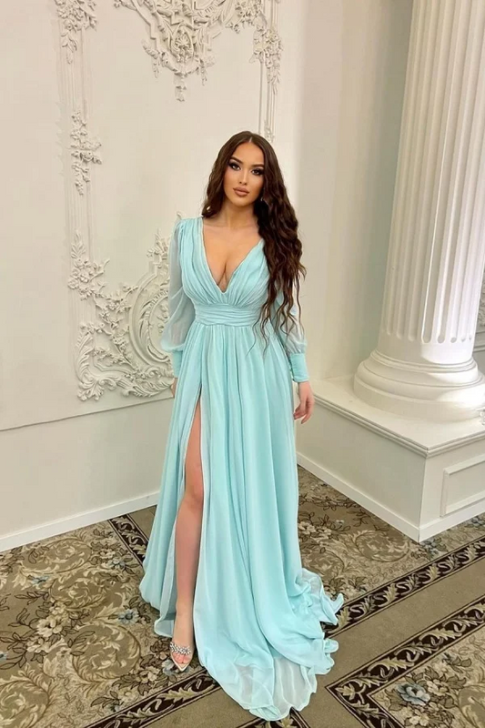 Mint V-Neck Chiffon Split Long Charming Prom Dress With Long Sleeves