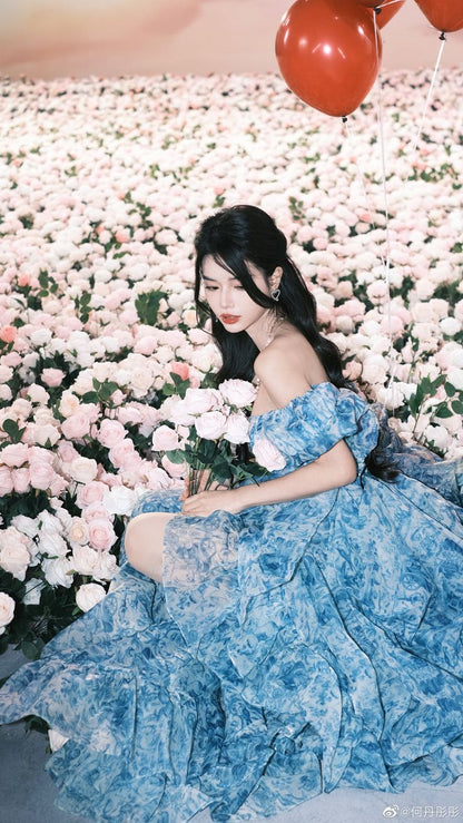 Romantic A Line Puff Sleeve Print Flower Blue Chiffon Party Dress Evening Dress with Slit SH2866