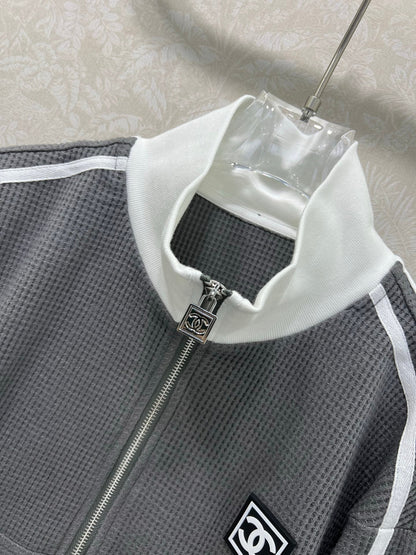 CC 25 Collar Jacket and Casual Trousers Waffle Suit Gray Rayon