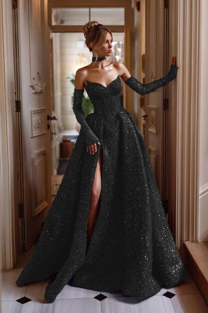 Burgundy Sleeveless Strapless V-Neck A-Line Beadeds Prom Dress With Gloves
