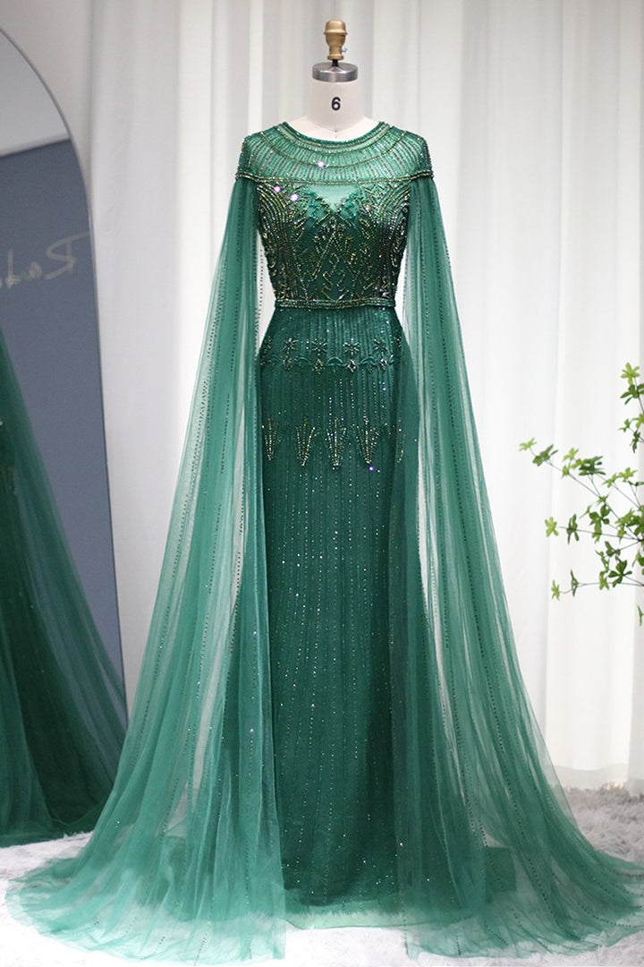 Jewel Neck Mermaid Prom Dress Cap Sleeves Tulle With Appliques Diamond